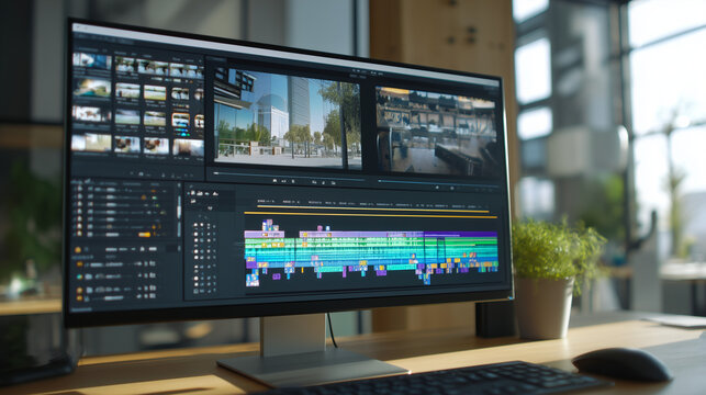 Professional video editing software displayed on a widescreen monitor with timeline, color correction tools and media assets. Modern post production, content creation and creative workflow.