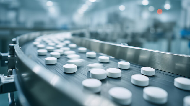 White pharmaceutical tablets moving along an automated conveyor belt inside a modern pharmaceutical manufacturing facility. Medicine production, quality control and industrial automation.