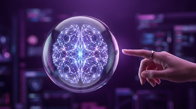 Futuristic digital brain in glass sphere, AI neural network concept