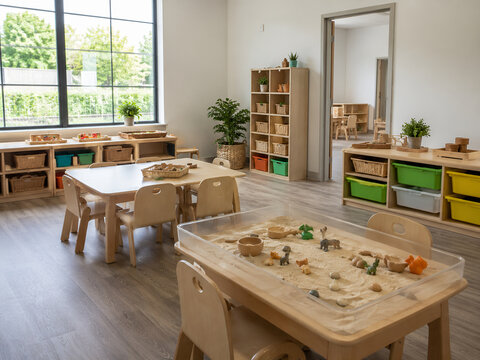 Montessori Classroom Interior with Sensory Play Tables