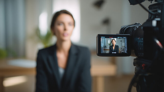 Businesswoman speaking during professional video recording with camera focus on display screen. Online interview, webinar, corporate communication, content creation and remote business concept.