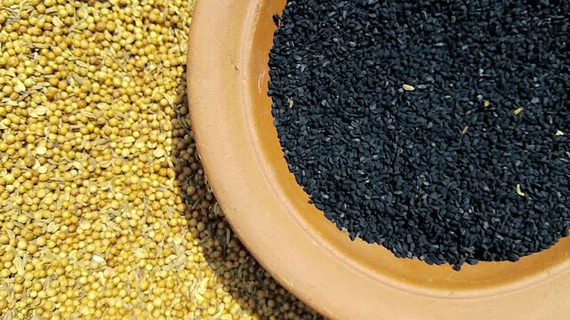 Top down view of black cumin seeds in a clay bowl next to a pile of dried coriander seeds