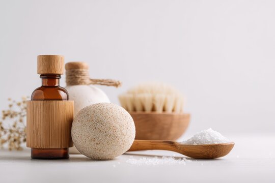 Essential oil bottle with bath brush and salt scrub for body care and relaxation wellness skincare aromatherapy treatment minimalist composition lifestyle essential background cosmetic