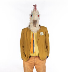 Man in chicken costume isolated on white background © serikbaib