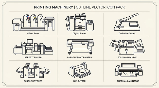 Comprehensive Collection of Professional Industrial Printing Equipment and Finishing Machinery Vector Line Icons