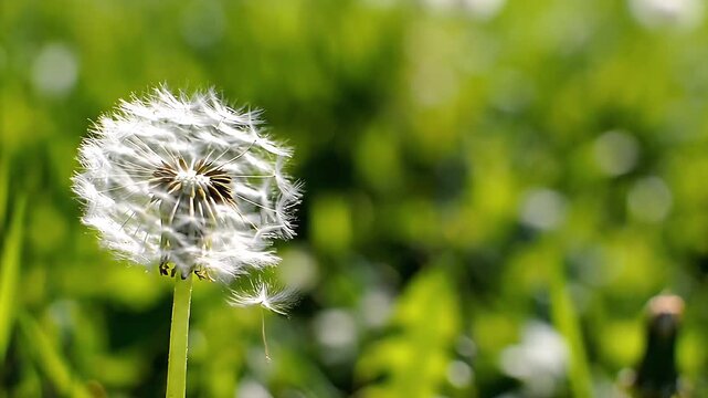 Refreshing view of a delicate white dandelion clock standing out against a soft blurred green nature background