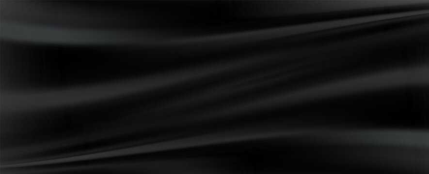 Dark black luxury silk fabric background. Smooth wavy satin texture design for elegant banner backdrop and premium presentation.