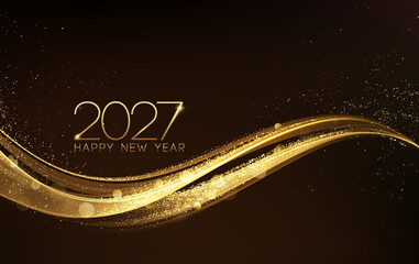 Obraz premium 2027 Happy New Year Abstract Shiny Sparkle Background. Glowing Gold Glitter Wave on Dark Background. Bokeh and Confetti Design Element for Banner, Poster, Website Christmas Decoration. Congratulations