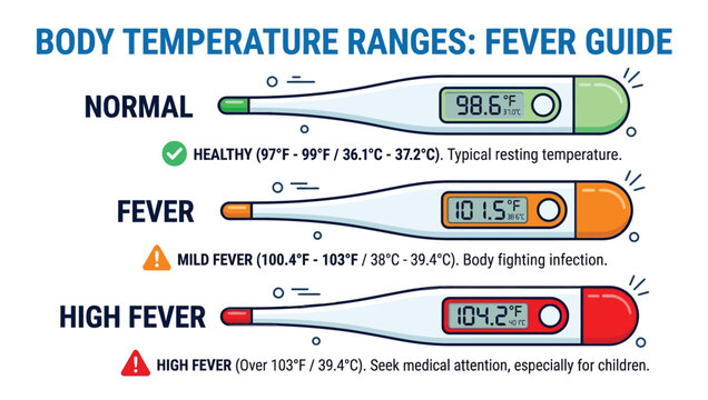 Medical infographic displaying body temperature ranges and fever guide using digital thermometer icons for health education