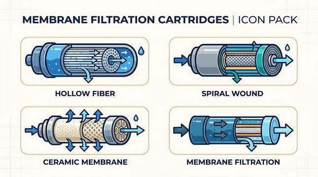 Membrane filtration cartridges types including hollow fiber, spiral wound, ceramic membrane, and membrane filtration are illustrated.