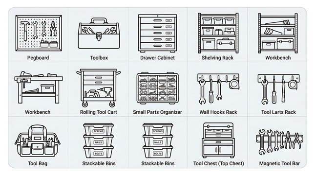 A collection of various tools and equipment neatly organized on a pegboard and other storage solutions in a workshop setting with workbenches.