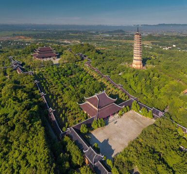 Aerial morning view of Bai Dinh pagoda and mountains in Ninh Binh province, Vietnam