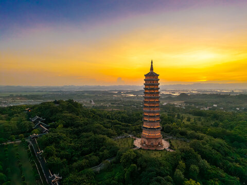 Aerial view of Bai Dinh pagoda and mountains at sunset in Ninh Binh province, Vietnam