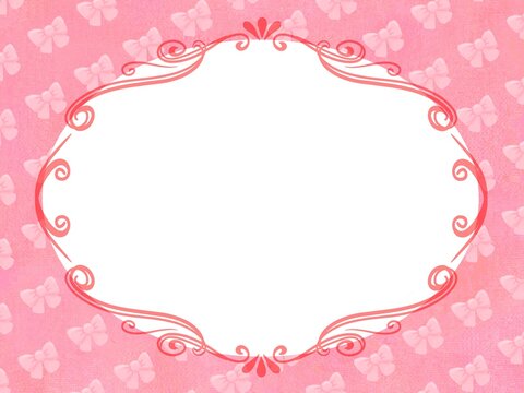 ピンク色に可愛いリボンが入った背景に白の楕円に赤色の飾り罫線が入ったフレームイラスト

