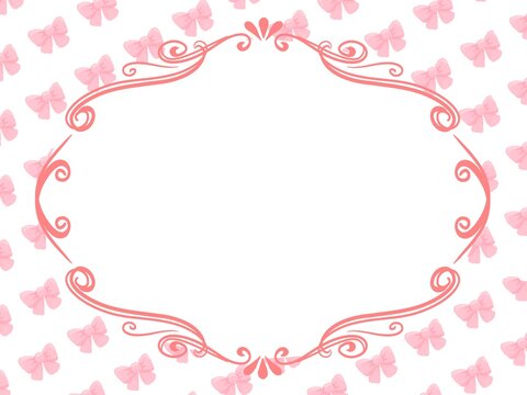 白バックに可愛いリボンが入った背景に白の楕円に赤色の飾り罫線が入ったフレームイラスト