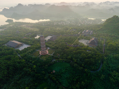 Aerial morning view of Bai Dinh pagoda and mountains in Ninh Binh province, Vietnam