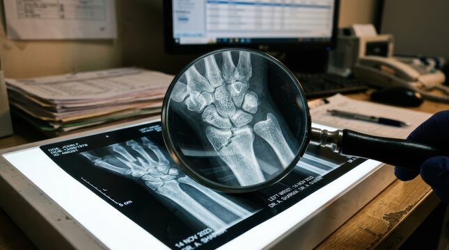 Doctor Analyzing Bone Fracture XRay on Light Box with Magnifying Glass
