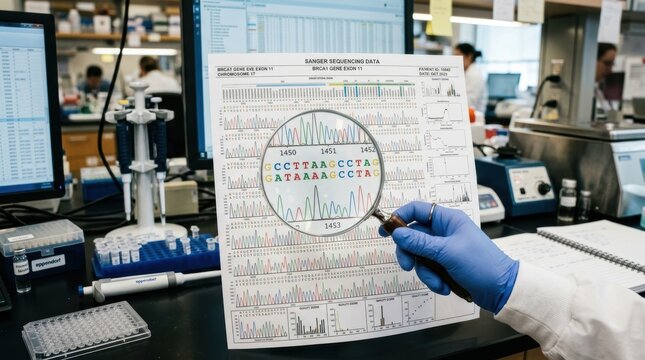 Scientist Analyzing BRCA1 Gene Sanger Sequencing Data in Laboratory
