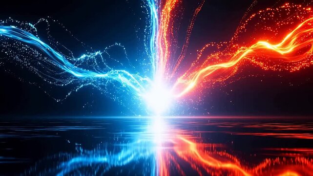 Blue and orange energy clash in dark space
