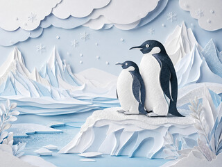 Obraz premium Adorable adult penguin and chick standing together on an icy cliff surrounded by frozen water, snow-covered mountains and snowflakes in a charming layered paper cut polar landscape.