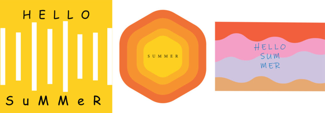 Hello Summer Abstract Geometric Vector Set | Modern Minimal Summer Background Collection with Colorful Shapes and Retro Design