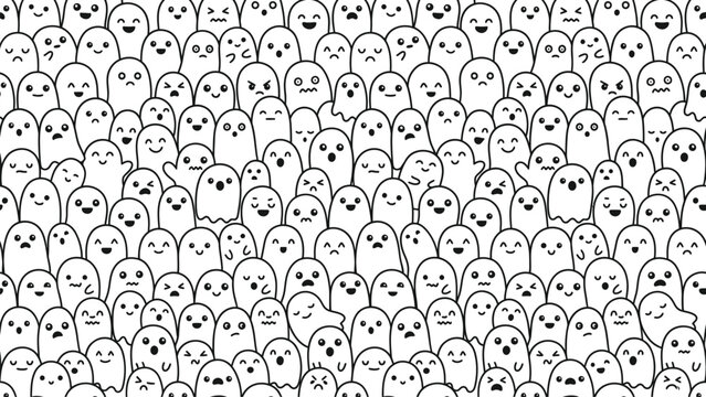 Cute Ghost Seamless Pattern Halloween Doodle Background Monochrome Vector Illustration Collection