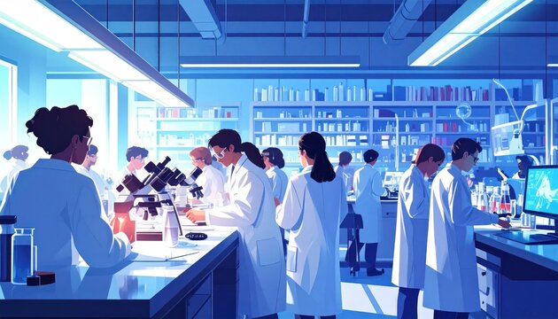 A busy, brightly lit research lab with scientists in lab coats working on experiments