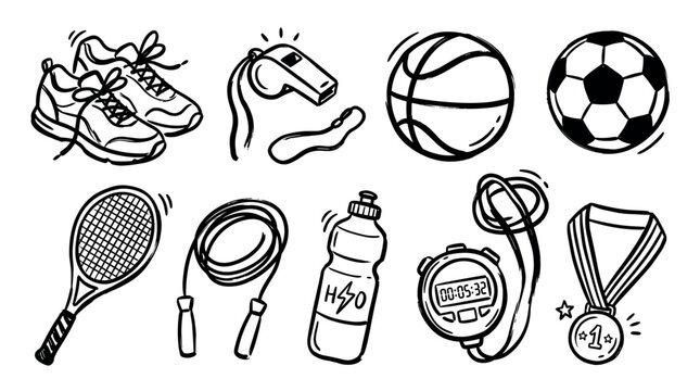 Diverse collection of hand-drawn sports equipment, fitness gear, and athletic items, featuring balls, shoes, a whistle, and a medal, rendered in a playful doodle style.