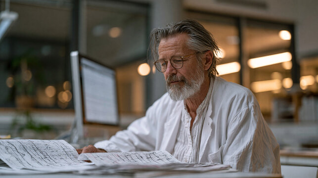 A sleep researcher reviews overnight polysomnography printouts at a desk in a clinical sleep laboratory, electrode charts spread beside a desktop display, sleep medicine,