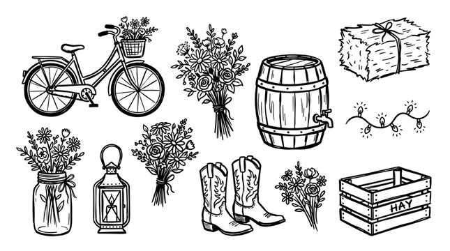 Rustic country farm elements collection featuring bicycle, flowers, barrel, hay, boots, and lights in a charming hand-drawn style.