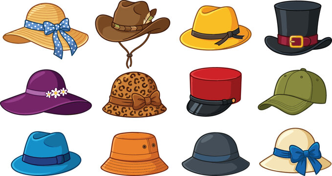Fashion hats vector illustration set featuring cowboy hat, top hat, straw sun hat, fedora, baseball cap, bucket hat, and various elegant headwear elements isolated on white background