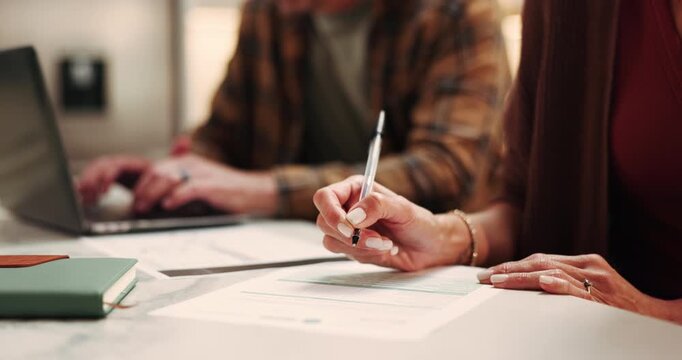 Hands, woman and writing at house with document, application and policy for financial loan. Couple, laptop and registration in home with paperwork, finance contract and compliance form for investment
