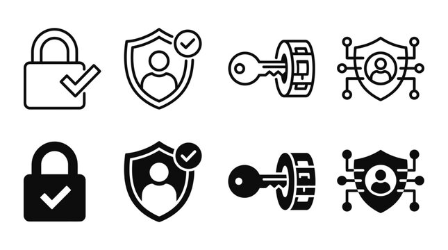 Cyber security icon set featuring digital protection shield person identity key and network access symbols, security