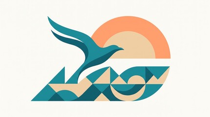 Naklejka premium Minimalist geometric illustration of a bird flying over stylized ocean waves at sunset.