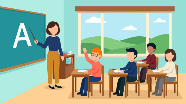 Teacher instructs young students in classroom, one child raises hand.