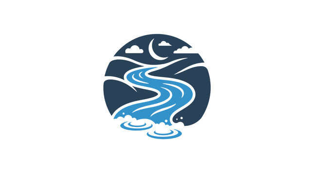 A minimalist circular icon depicting a flowing river under a crescent moon at night