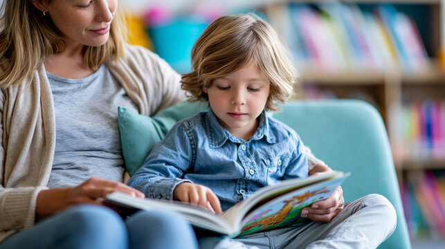 Faceless reading coach sitting beside struggling reader and pointing at illustrated book page in cozy reading corner of primary school classroom, literacy support concept, school