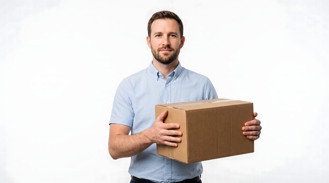 Smiling caucasian man wearing a blue shirt holding a brown cardboard delivery box with e commerce