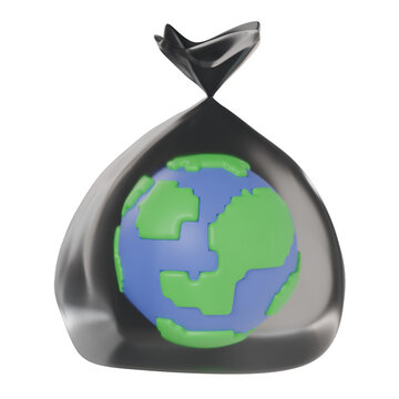 3d render Planet Earth inside a black plastic trash bag representing global pollution concept