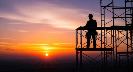 Fototapeta premium construction worker on scaffolding at sunset.