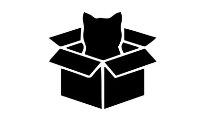 Black cat in box, feline icon, pet silhouette, cardboard box, animal symbol © Mahreen Malik