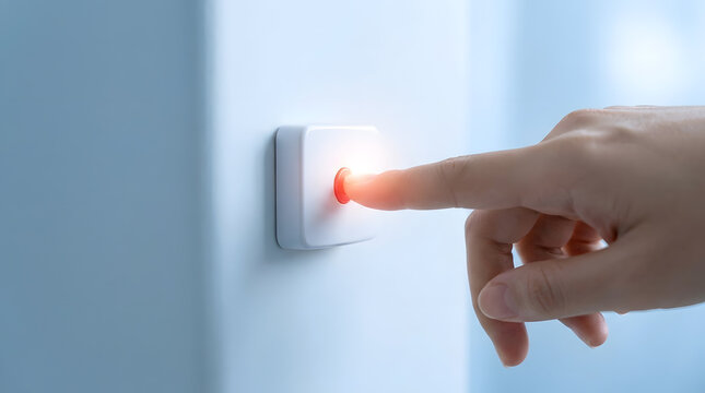 Hand Pressing Red Emergency Button on Wall | Close Up of Finger Pushing Panic Switch for Assistance | Person Activating Alarm System with Small Red Button | Concept of Emergency Response, Assistance