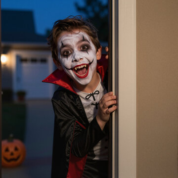 young child in vampire costume celebrating halloween at night with pumpkin decoration in front yard