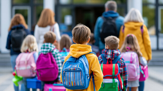 Faceless group of parents and children gathered outside school entrance on first morning of term with colorful backpacks and lunchboxes, school community concept, photography,