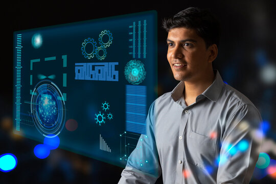 Digitally enhanced shot of a  technician/businessman working with virtual reality projection