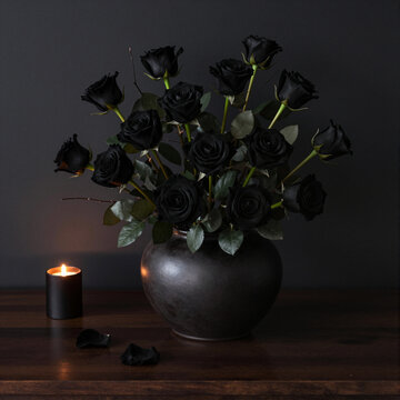 elegant black roses in ceramic vase with candle on dark wooden table creating moody and sophisticated ambiance