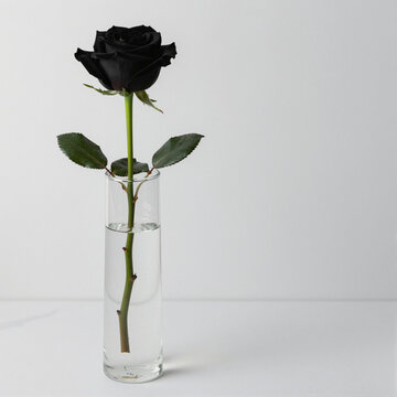 single black rose in clear glass vase on white surface minimalistic elegance and simple beauty