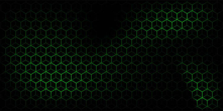 Abstract green geometric hexagon line pattern on black background. Isometric cube wireframe vector design.