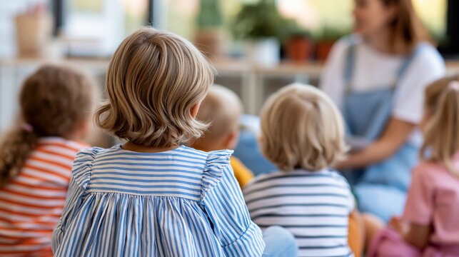 Faceless nursery teacher reading story to little children in kindergarten from back view, storytime concept, early childhood photography, blurred kindergarten background, with