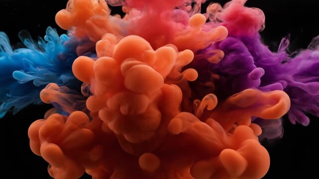 Slow motion shot of vibrant orange, pink, blue, and purple ink clouds blending together underwater against a black background